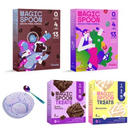 Magic Spoon Ultimate Starter Pack - 1 Box Fruity, 1 Box of Cocoa, 4 Marshmallow Bars, 4 Double Chocolate Bars, Bowl and Spoon Set - Keto & Low Carb Lifestyles, Gluten Free, High Protein, Low Sugar
