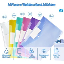 Plastic Wallets A4, Vakki 24 Pack Plastic Folders, Transparent Plastic Wallets, 6 Colours Document Wallets Files Popper Wallets with 11 Hole and Label Pocket for Home, Office, School