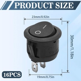 16Pcs Black Round Rocker Switch, 20mm AC 6A/250V SPST 12v Mini Toggle Switch 2 Pin 2 Position On/Off KCD1 Replacement 12v Light Switch for Car Boat Homehold Application