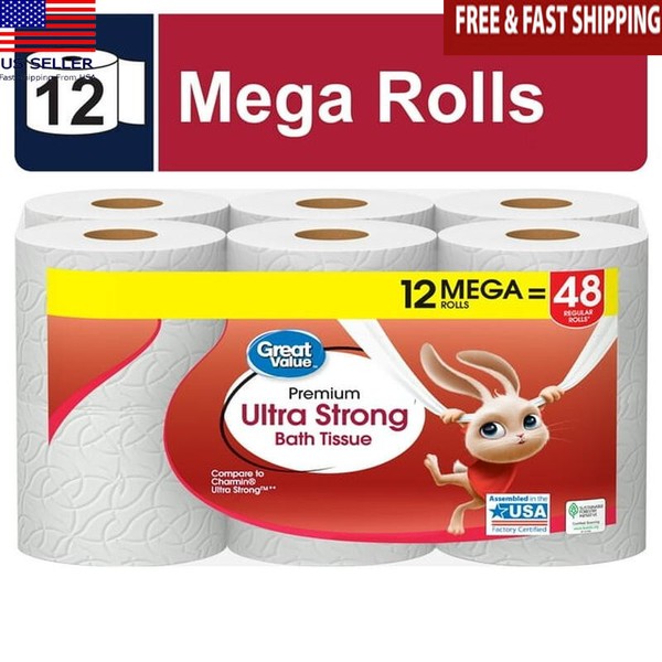 Ultra Strong Toilet Paper 12 Mega Rolls 2 Ply Absorbent