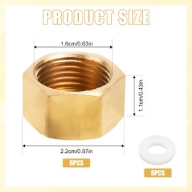 6pcs 3/8'' NPT Brass Pipe Cap, 5/8" ID Brass Compression Cap Fittings with Rubber Gaskets Pipe Plug Caps Stop Valve Cap for Water Line