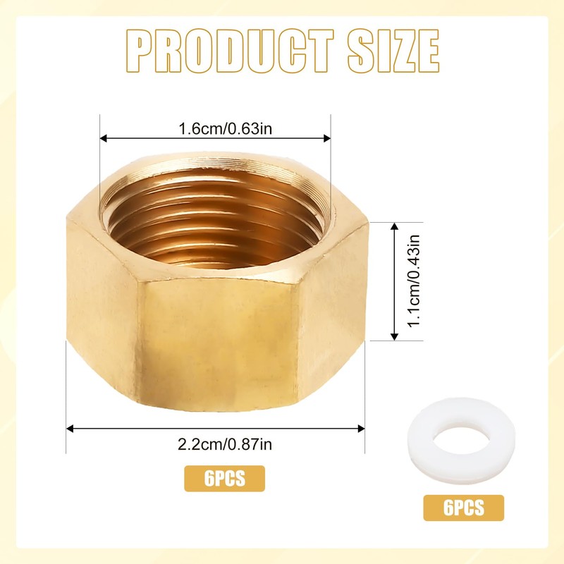 6pcs 3/8'' NPT Brass Pipe Cap, 5/8" ID Brass Compression