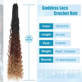 IIFLYDSFA Boho Faux Locs Crochet Hair 24 Inch 8 Packs Goddess Locs Crochet Hair with Curly Ends Ombre Brown to Blonde 1B/30/27# Pre-looped Bohemian River Locs Hair for Women