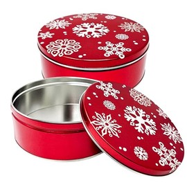 Premium Cookie Tin (2 Pack) Holiday w/Flurries Snowflakes Red Design, Empty - Gift Container, Extra Thick Steel