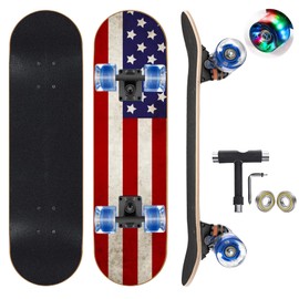 GIEEU Skateboards with Colorful Flashing Wheels for Beginners,Kids,Teens,Adults,31 x 8 Inch Complete Standard Skate Boards 9 Layer Canadian Maple Deck Concave Skateboard (3-Flag Skateboard)