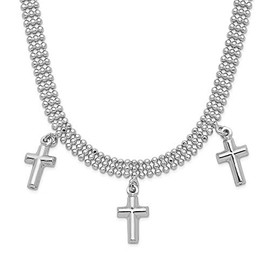 Million Charms 925 Sterling Silver Rhodium-plated 3-Religious Cross with 4in. Ext. Choker Necklace, 13" Length
