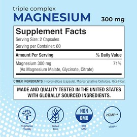 Puregen Labs Complejo Triple Magnesio 300mg de glicinato, malato y citrato de magnesio [alta absorción] 120 cápsulas vegetales | Sin aditivos nocivos 