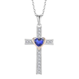 Aprila Women Necklace 925 Sterling Silver Heart Cross Pendant Necklace with Cubic Zirconia September Birthstone Sapphire Color Jewelry