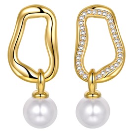 AVYRING Pearl Drop Earrings, Hypoallergenic Gold Earrings for Women, Geometric Diamond Hoop Earrings Stud, Delicate and Elegant Earrings Jewellery for Brides Bridesmaids Wedding