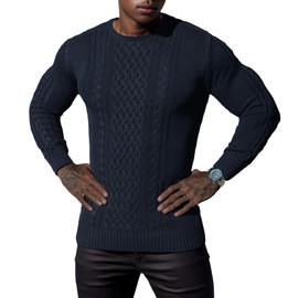 Hisir Men's Winter Thick Cable Knit Jumpers Casual Crew Neck Warm Long Sleeve Pullover Sweater Tops for Men (Navy Blue, M)