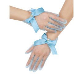 GRYUIRY Elegant Pearl Mesh Tea Gloves Short Wedding Bridal Bow Tulle Gloves Opera Tea Party Glove Women Formal Light Blue