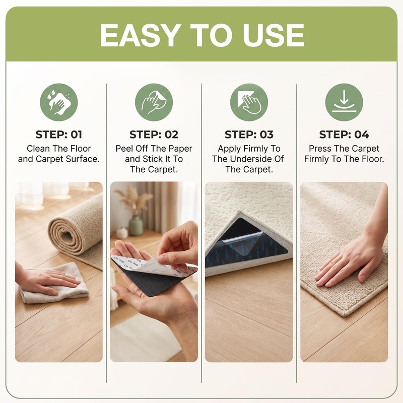 16Pcs Non Slip Rug Tape for Area Rugs, Strong Adhesive
