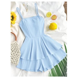 SHENHE Girl's Summer Romper Spaghetti Strap Tie Back Bow Layered Ruffle Boho Short Jumpsuit Blue 13Y