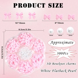 300Pcs Bow Nail Charms and Flatback Pearls,Pink Bowknot 3D Cute Nail Charms for Acrylic Nail Supplies Design,3-5mm White Half Pearls for Nail Jewelry DIY Crafts Nail Art Decoration Accessories