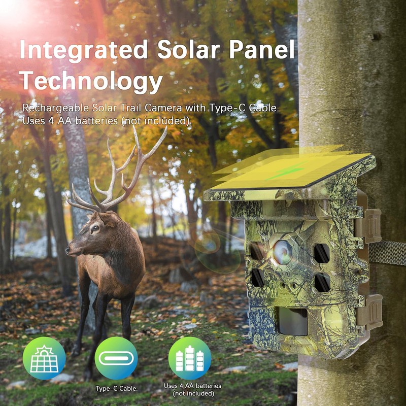 Solar Trail Camera 2.7K 32MP- WiFi Bluetooth Game Camera 130°Wide-Angle,