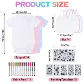 Spetsbst Pack of 27 Baby Bibs for Painting, Bodysuits for Baby Shower, Set with 4 Short-Sleeved Cotton Bodysuits, Double-Sided, 4 Bibs with 14 Coloured Textile Pens, 5 Painting Stencils