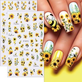 Flower Nails Stickers Spring Nails Sticker 3D Embossed Self Adhesive Sticker Sunflower Petals Designs Nail Decals Bee Butterfly Nail Art Decals Summer Decals for Nail DIY Manicure 4Sheets
