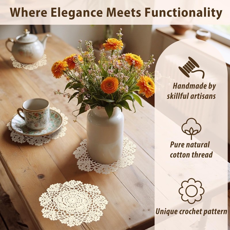 kilofly Crochet Cotton Lace Table Placemats Doilies Value Pack, 4pc,