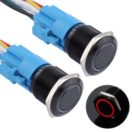 DMWD 2PCS 19MM Momentary Push Button Switch 12V-24V LED Indicator 1NO 1NC Waterproof ON/Off Black Metal Shell Self Reset with Pre-Wired Socket (RED LED)