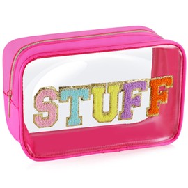 URSKYTOUS Chenille Letter Clear Makeup Bag Large Travel Preppy Patch Stuff Cosmetic Bag with Zipper Cute Makeup Pouch Transparent PVC Waterproof Toiletry Organizer Storage for Women Girl(Hot Pink)