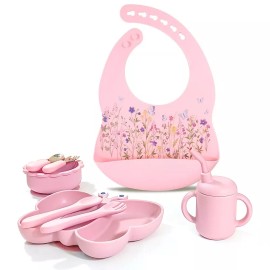 Silicone Feeding Set | 8 Pcs Baby Led Weaning Supplies with Butterfly Design - Pink - Flowers and Butterflies