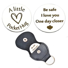 Pocket Hug Token Keychain New Driver Gifts for Teen Boys Girls be Safe I Love You One Day Closer Pocket Tokens Double Sided Keepsake Stainless Steel with PU Leather Key Chain