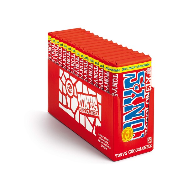 Tony's Chocolonely 32% Classic Milk Chocolate Bar - Rich, Smooth Belgium Chocolate, Perfect Holiday Gift, Chocolate Candy, No Artificial Flavoring, Fairtrade & B Corp Certified - 6.35 Oz, 15 Bars