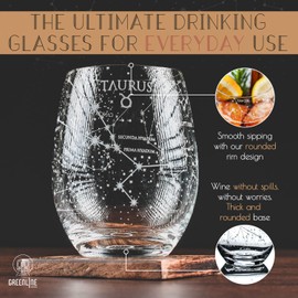 Greenline Goods Taurus Stemless Wine Glasses Zodiac Taurus Set Hand Etched 15 oz - Set of 2 - Astrology Sign Glassware