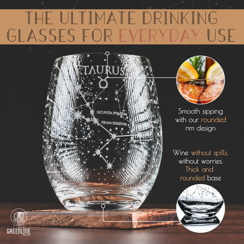 Greenline Goods Taurus Stemless Wine Glasses Zodiac Taurus Set Hand