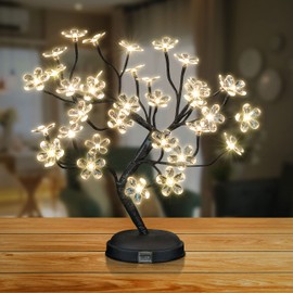 Cherry Blossom Bonsai Tree Light 18IN Tree Lamp with 36 Acrylic LED Japanese Cherry Blossom Decor for Indoor and Outdoor Adapter Plug in/ Battery Powered Tabletop Lamp UL Listed Warm White