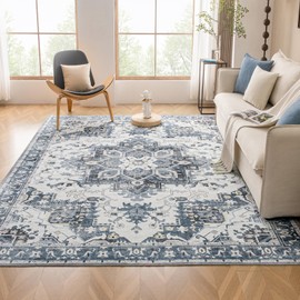 VK VK·LIVING Machine Washable Rug 6'x9' Vintage Design Washable Area Rugs with Non Slip Rugs for Living Room Bedroom Traditional Woven Rug Carpet Stain Resistant, Dining Office Boho Rug, (Blue Grey)