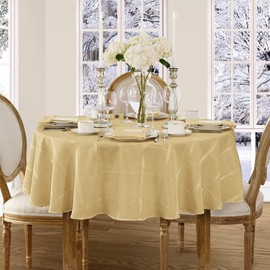 Newbridge 90 Inch Round Fabric Tablecloth, Elegance Plaid, 100% Polyester, No Iron Soil Resistant Dining Room, Party and Banquet Table Cover, Solid Textured, Ribbon Gold