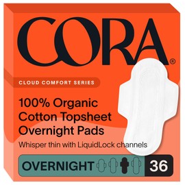 Cora 100% Organic Cotton Topsheet | Ultra Thin Period Pads with Wings | Overnight Absorbency | Ultra-Absorbent Sanitary Pads for Women (36 Count)