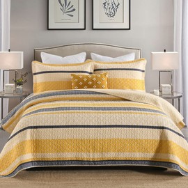Homzard Quilt for Queen Bed Yellow Bedspreads -100% Cotton Queen Comforter Set,Yellow Black Grey Queen Quilt Beddding Set, Lightweight Bedding Queen Size, Striped Bedding Comforter Set 3 Pieces.