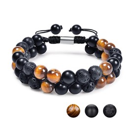MOROTOLE Triple Protection Bracelet, Mens Bracelet Tiger Eye Mens Bead Bracelet Bracelet Adjustable Stretch Lava Rock Bracelets Set Black Crystal Beaded Bracelets for Men Gifts