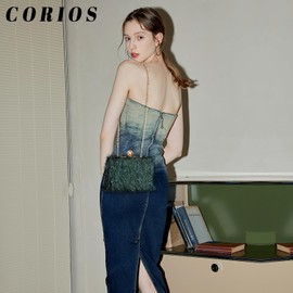 CORIOS Tassel Evening Bag for Women Rhinestone Clutch Bag Beaded Handbag Bridal Wedding Purse Shoulder Bag with Detachable Chain Elegant Crossbody Bag for Cocktail Prom Party Dark Green, Large