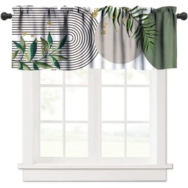 JanJCurt Boho Leaves Window Valance, Mid Century Modern Abstract Golden Tropical Leaves Geometric Arch Sage Green Print Blackout Curtain for Cafe Kitchen Bedroom, 54x18in