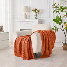 Douceur Rust Orange Throw Blanket for Bed, Soft Chunky Cable Knit Throw Blanket, Classic Fisherman's Rib Stitch Pattern Throw for Living Room,60"X80"