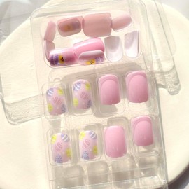 Short Press on Nails Easter Cute Rabbit Fake Nails Glossy Pink Funny Colored Easter Egg Acrylic Nails Yellow Small Chicken Designs Artificial False Nails Easter Short Nail Set for Women