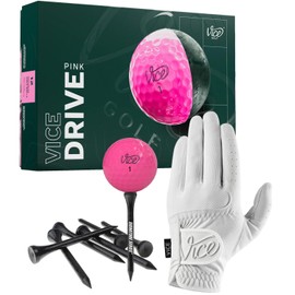 Certified Brands Vice Drive Golf Balls, Pink, with Duro White Glove, Left Hand | for More Distance, Higher Launch, Decreased Spin, 2-Piece, Surlyn Cover, High Compression with Signature Series Tees