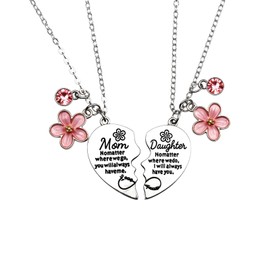 COLORFUL BLING Mother Daughter Heart Matching Pendant Necklace Set Adjustable Link Chain Flower Necklace for Mom Women Jewelry Mothers' Day Birthday Christmas Gifts-A pink