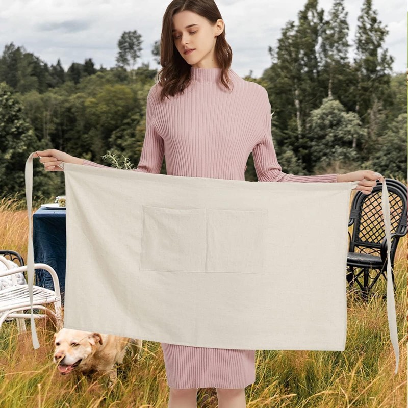 Cityelf Cotton Linen Bistro Half Apron with 2 Large Pockets