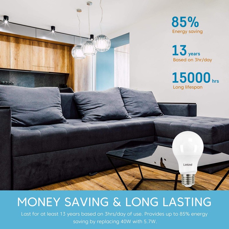 Linkind Dimmable A19 LED Light Bulbs, 40W Equivalent, E26 Base,
