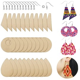 FineInno 60 Pc Wooden Jewellery Making Kits Unfinished Wood Earring Blank with A Hole,with Earring Hooks and Jump Rings for Jewelry DIY Making (Unfinished Wood)