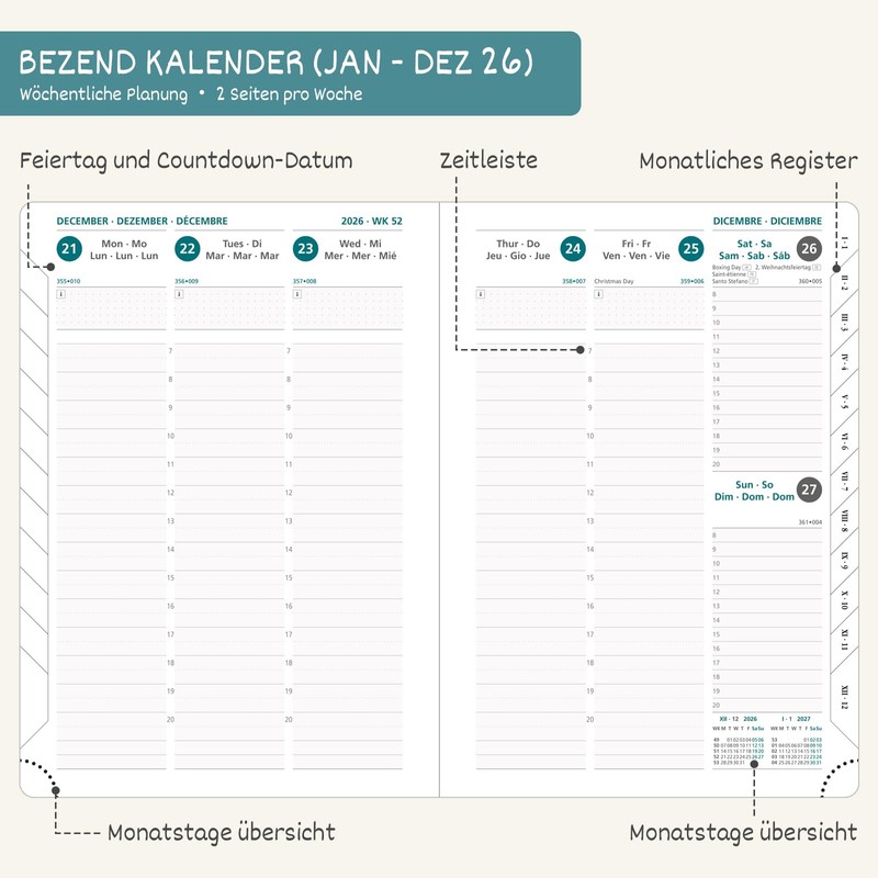 BEZEND Calendar 2026 Book Calendar A5 1 Week 2 Pages