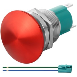 10 Amp 19mm Momentary Push Button Switch Red Mushroom Head Waterproof 12V DC 24V 110V 120VAC SPST Stainless Steel with Wire 3/4" Mounting Hole