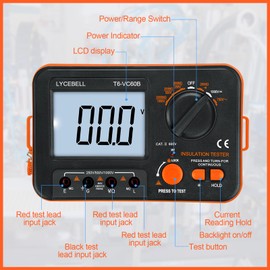 LYCEBELL Digital Insulation Resistance Tester LC-VC60B Megohmmeter 0.1~200 MΩ Insulation Tester Display with Backlight, 250V/500V/750V/1000V with Sound Light Alarm Function (Black + Orange)