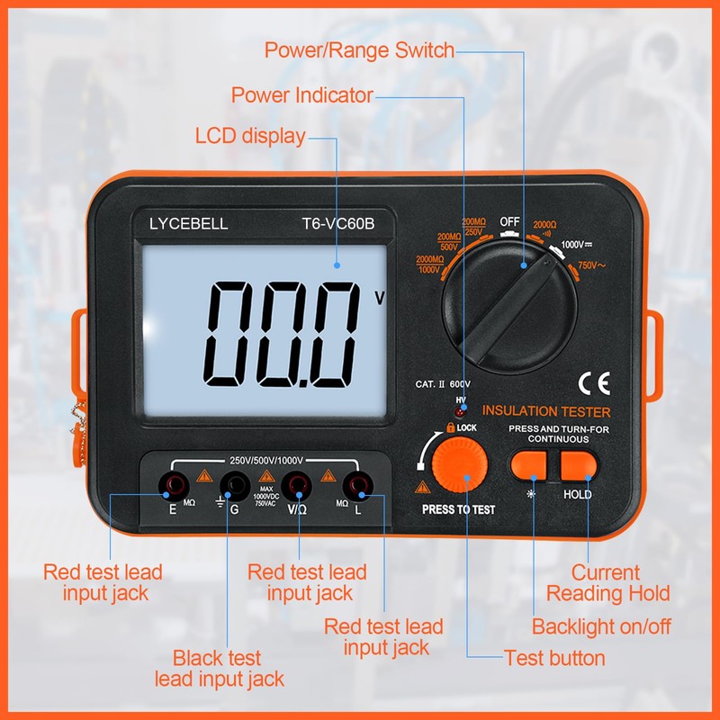 LYCEBELL Digital Insulation Resistance Tester LC-VC60B Megohmmeter 0.1~200 MΩ Insulation