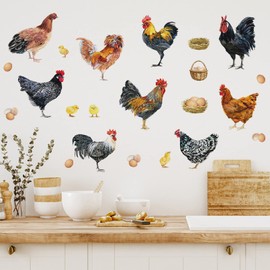 Mfault Farm Chicken Roosters Wall Decals Stickers, Farmhouse Dutch Bantam Rooster Cornish Hen Decorations Bedroom Art, Chicks Eggs Home Dining Room Kitchen Decor