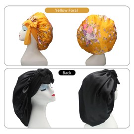 Hanbertti 2 Pack sleep bonnet adjustable satin cap silk bonnets for sleeping hair keep dry women reusable long layers sumptuous night frizzy curly（black+yellow